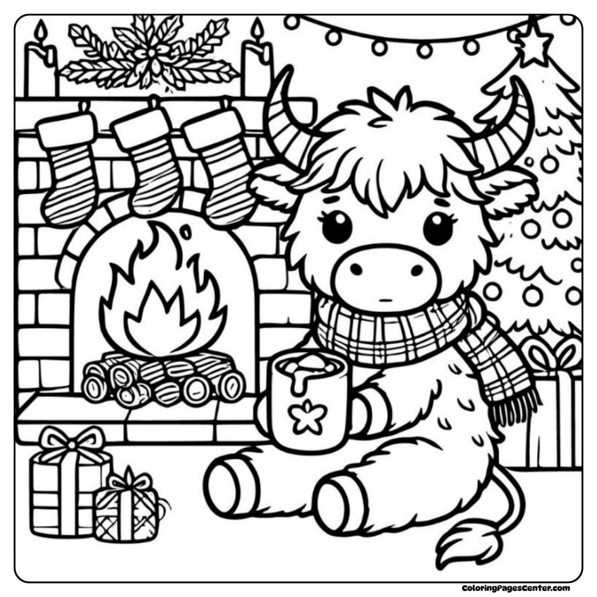 Highland cow coloring page with Christmas tree, gifts, and cozy fireplace