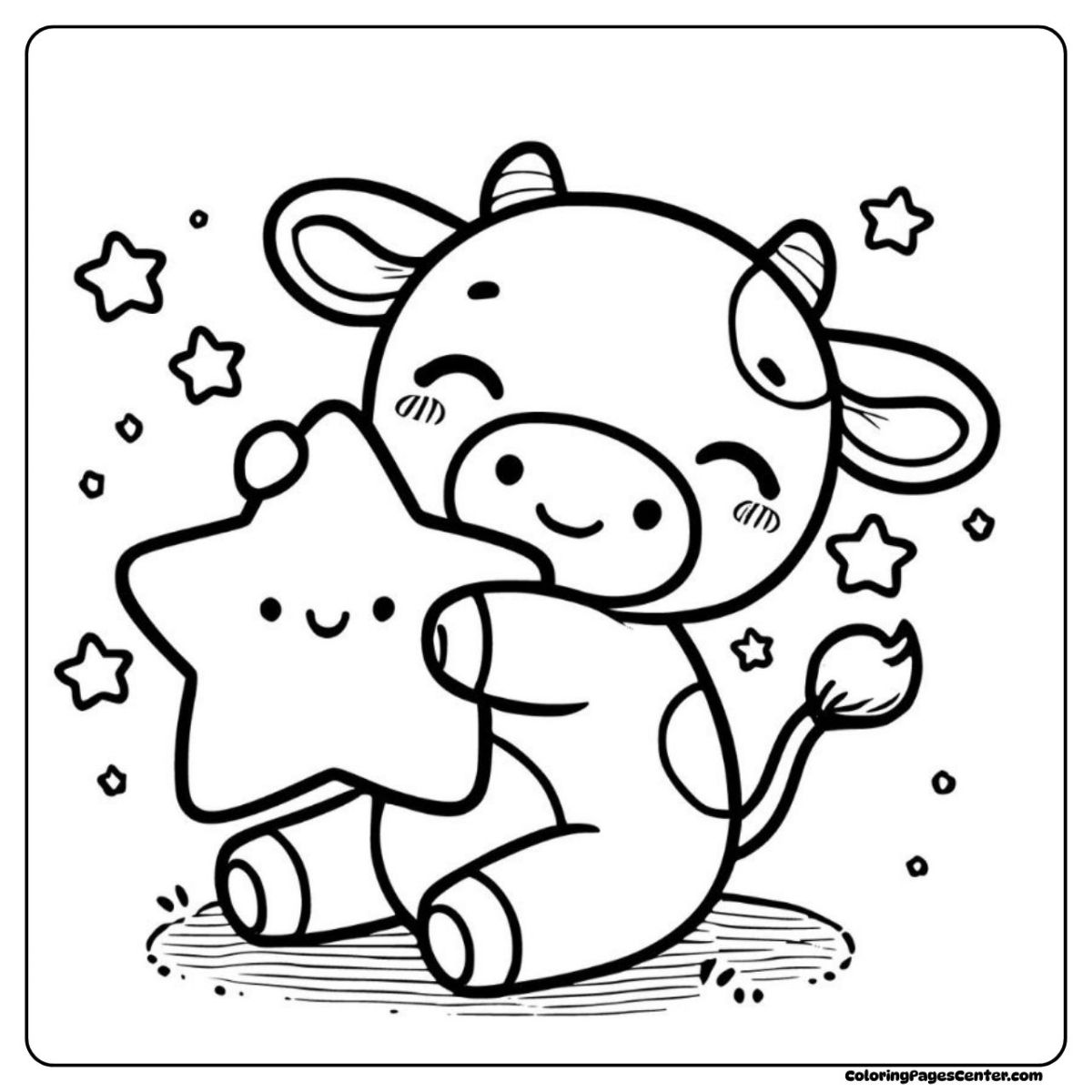 Cute cow with a happy star in kawaii coloring style
