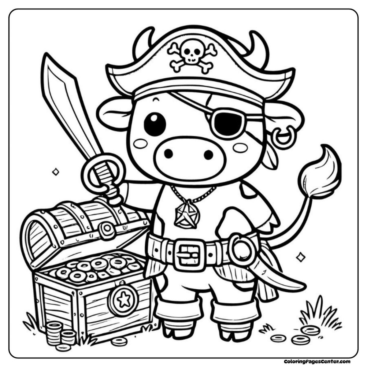 Cow coloring page with pirate hat, sword, and shiny loot