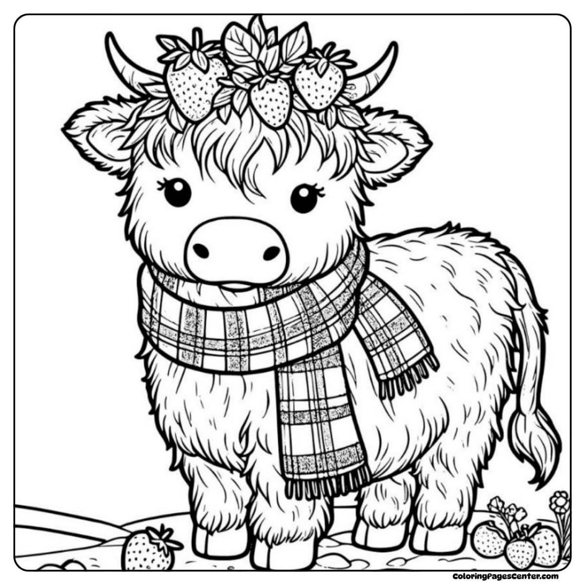 Fluffy strawberry cow coloring page with scarf and berry crown