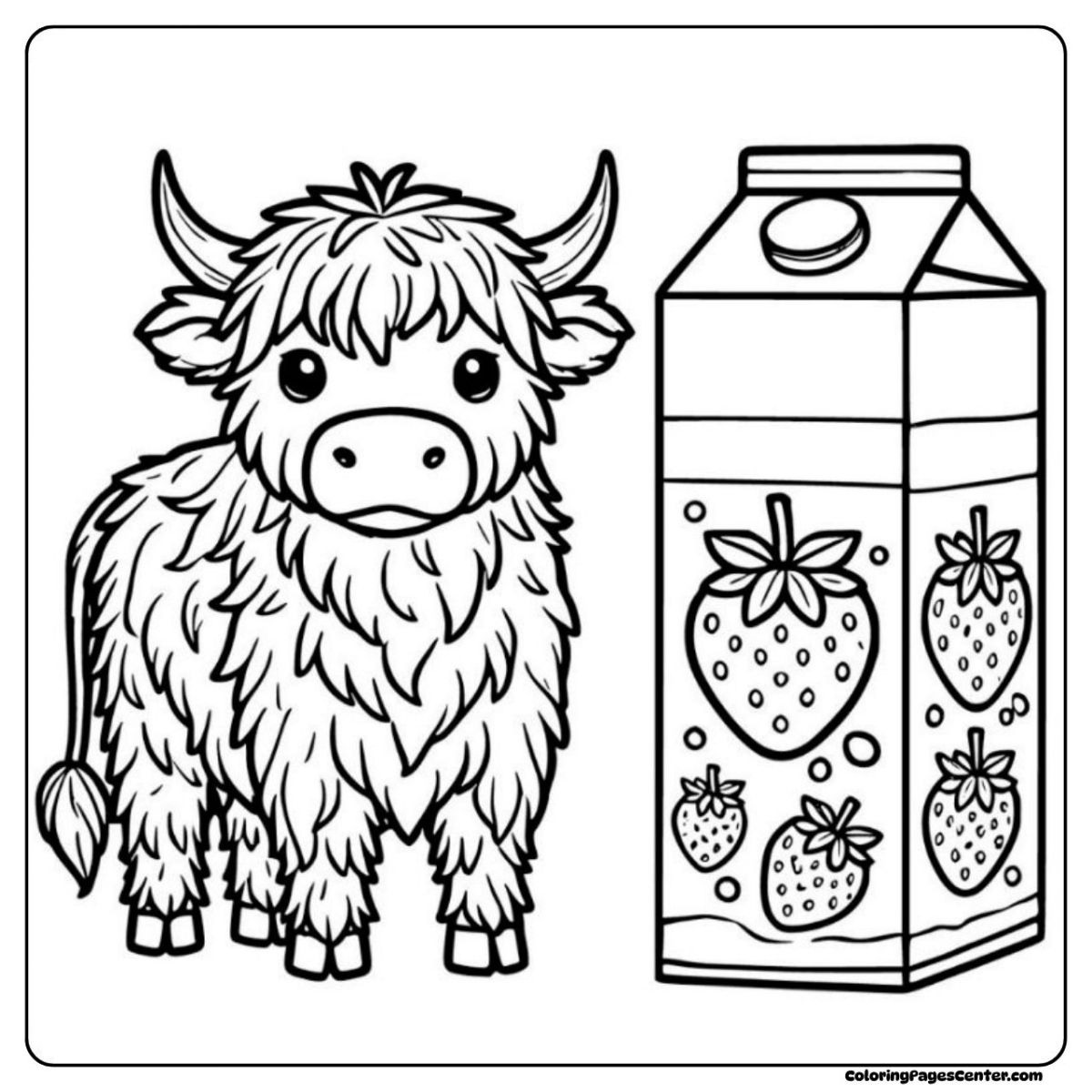 Cute fluffy strawberry cow coloring page next to a berry drink carton