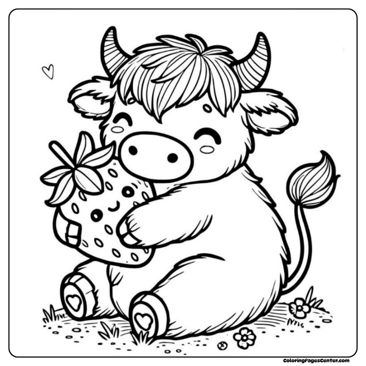 Cute strawberry cow coloring page with big smile and berry friend