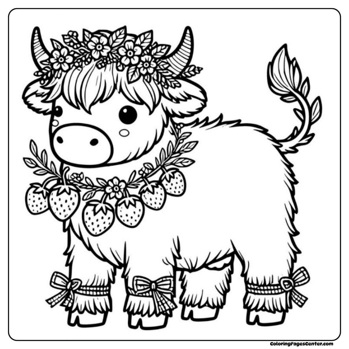 Highland cow coloring page with detailed floral and strawberry garland