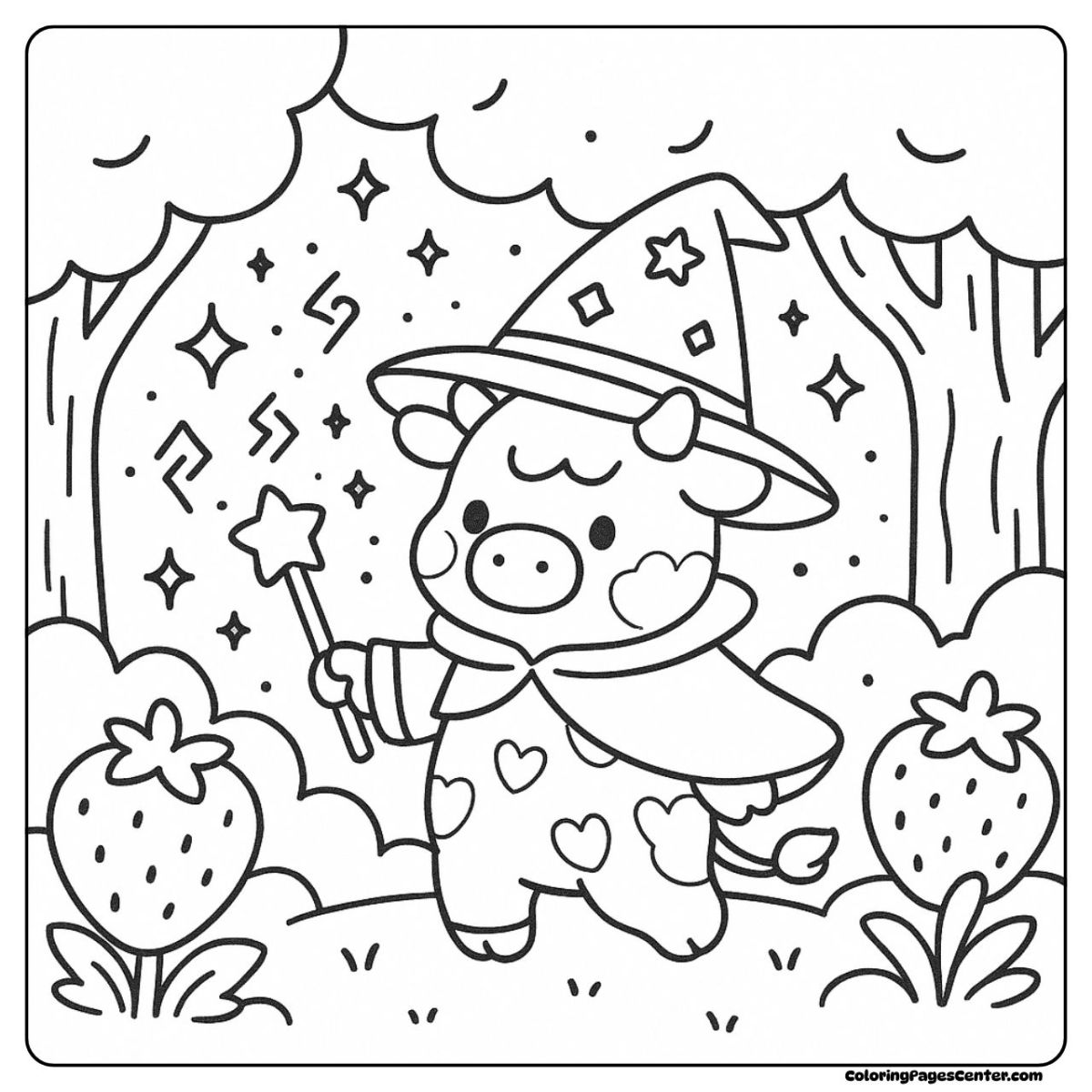 A whimsical strawberry cow coloring page featuring a wizard costume