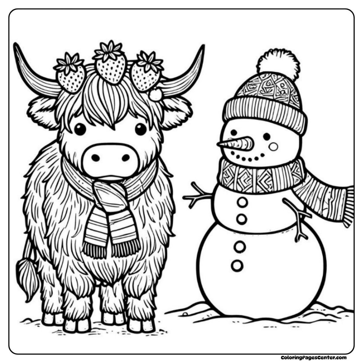 Strawberry Cow and Friendly Snowman Coloring Page Cute strawberry cow with a scarf stands beside a cheerful snowman in a winter scene
