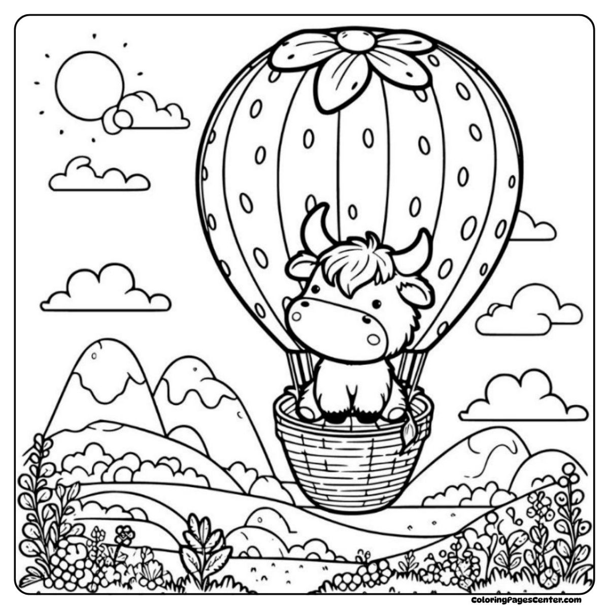 Whimsical strawberry cow coloring page floating in a berry balloon