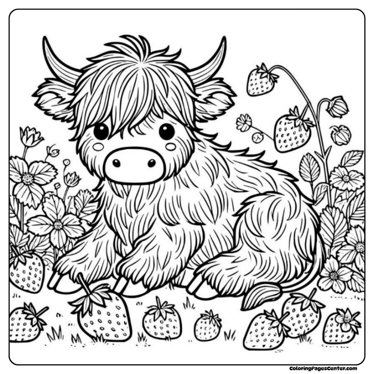 Fluffy strawberry cow coloring page in a flower and berry meadow