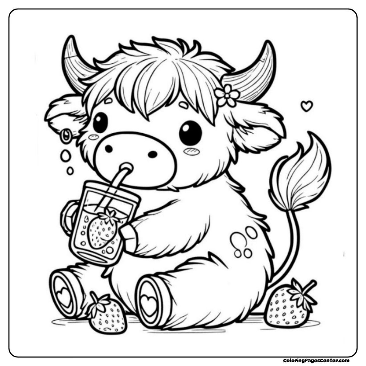 Cute strawberry cow coloring page drinking fresh juice with berries