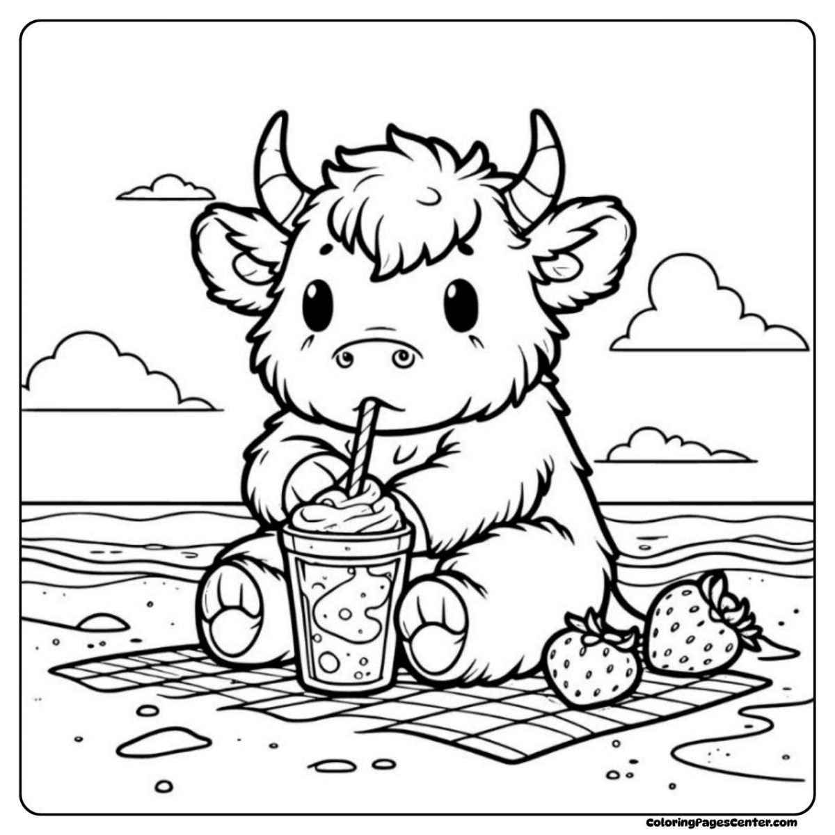Relaxed strawberry cow coloring page with drink at the seaside