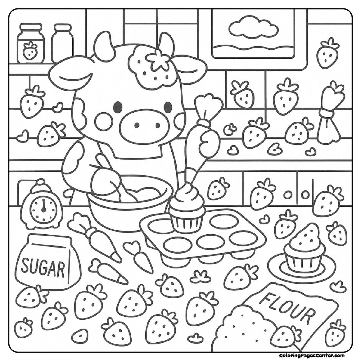 Strawberry cow coloring pages baking cupcakes in a fun strawberry kitchen Strawberry cow coloring pages decorating cupcakes with fresh strawberries
