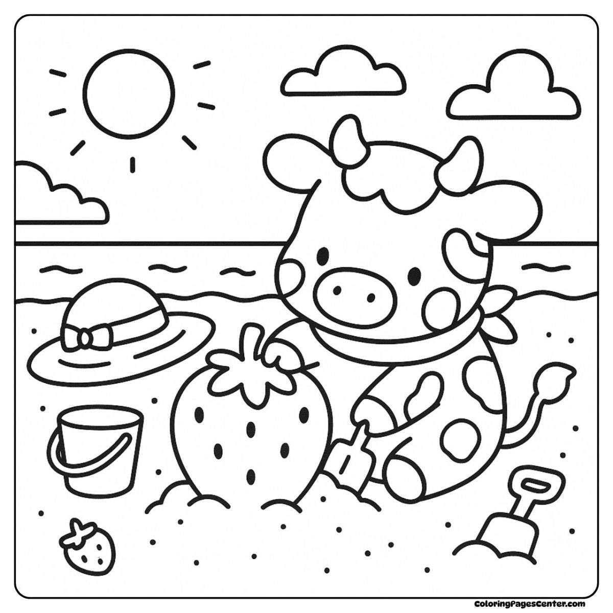 Strawberry cow coloring pages building sandcastles at the sunny beach Strawberry cow coloring pages playing with sand and strawberries