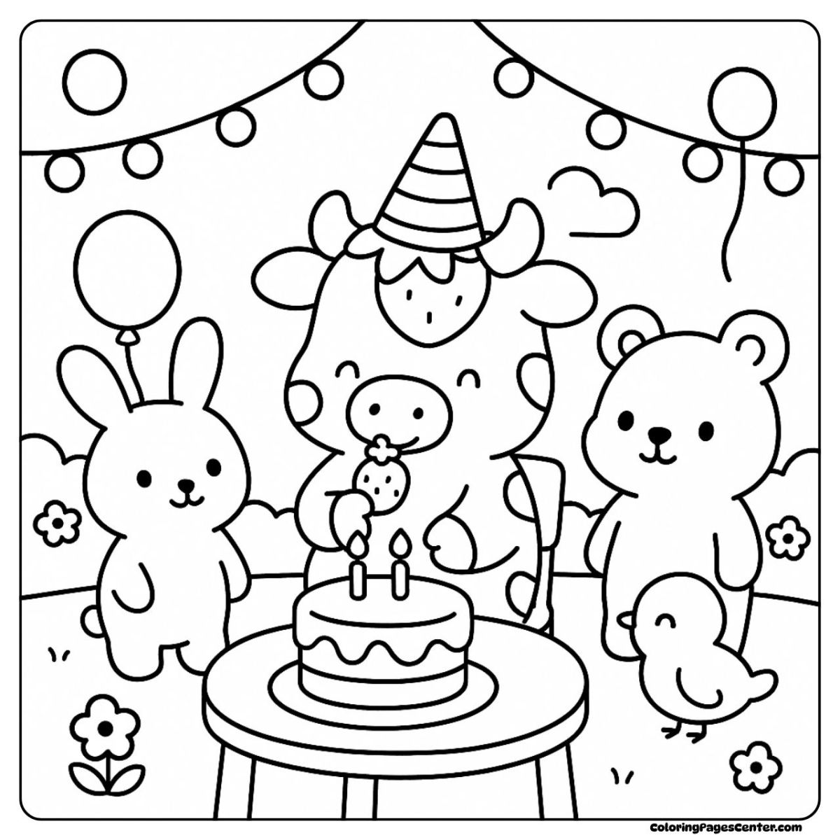 Strawberry cow coloring pages celebrating a sweet birthday outdoors Strawberry cow coloring pages birthday party with friends and cake