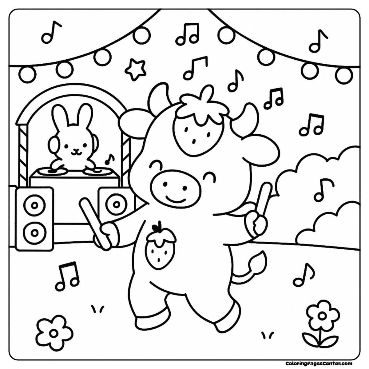 Strawberry cow coloring pages dancing at a lively outdoor music party Strawberry cow coloring pages having fun at a music festival