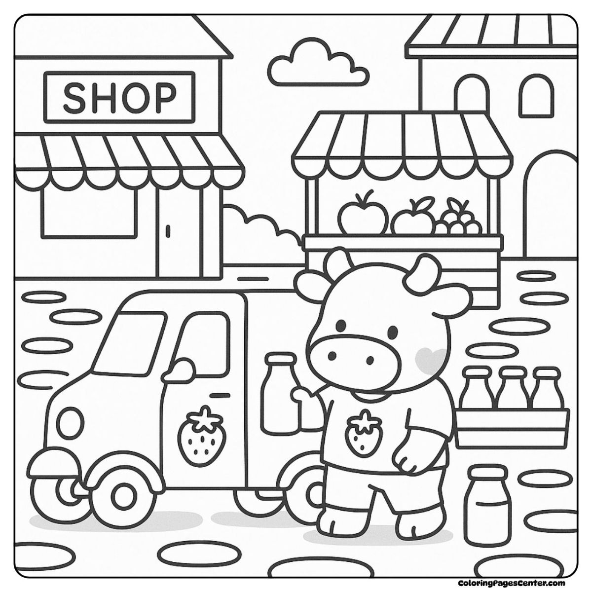 Strawberry cow coloring pages delivering milk on a busy market street Strawberry cow coloring pages handing out bottles on a cheerful street