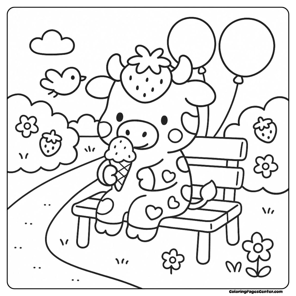 Strawberry cow coloring pages enjoying ice cream on a park bench Strawberry cow coloring pages eating an ice cream cone in the park