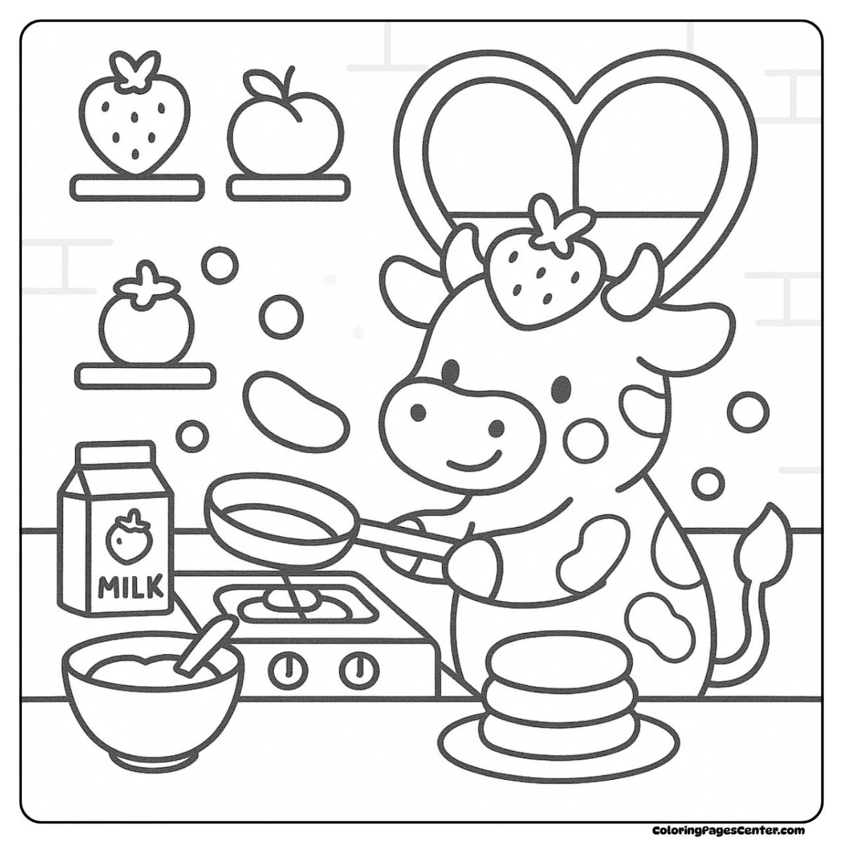 Strawberry cow coloring pages flipping pancakes in a cozy home kitchen Strawberry cow coloring pages making breakfast with fresh pancakes