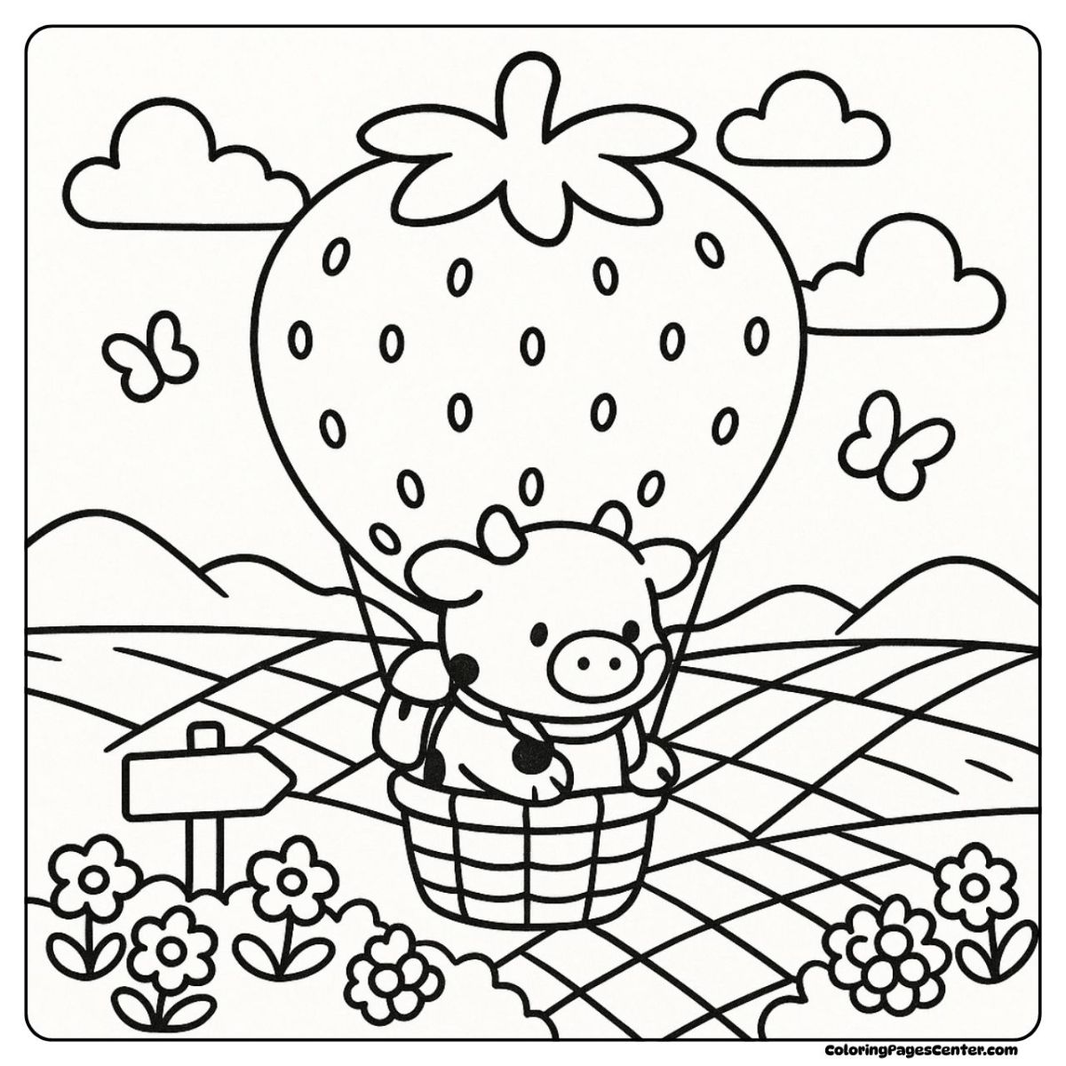Strawberry cow coloring pages floating in a hot air balloon adventure Strawberry cow coloring pages flying over fields in a berry balloon