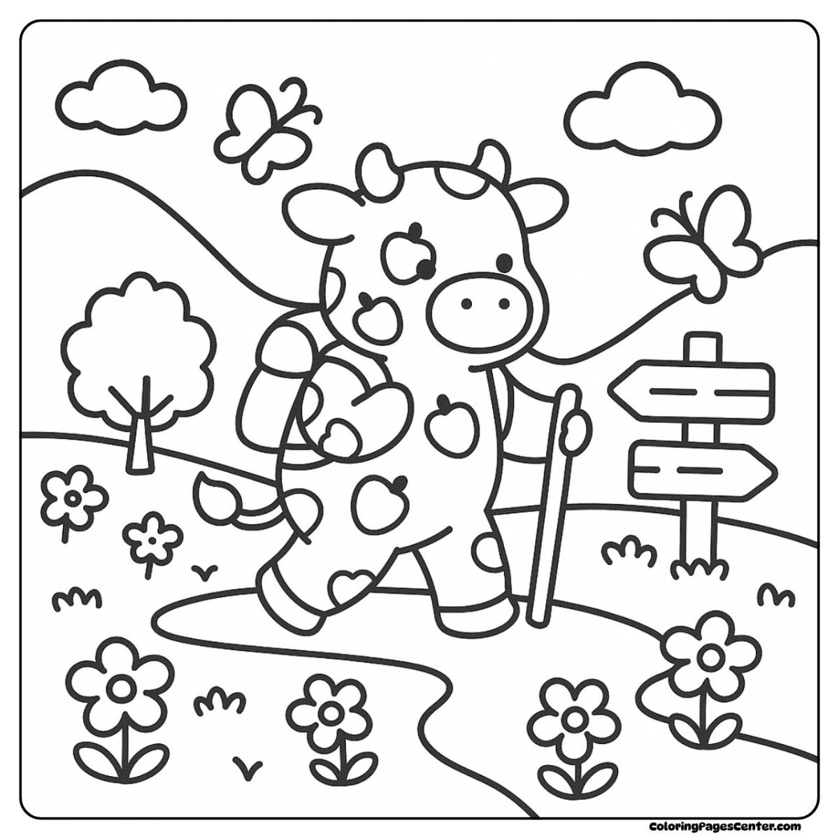 Strawberry cow coloring pages going on a hike through flower fields Strawberry cow coloring pages hiking with butterflies and signposts