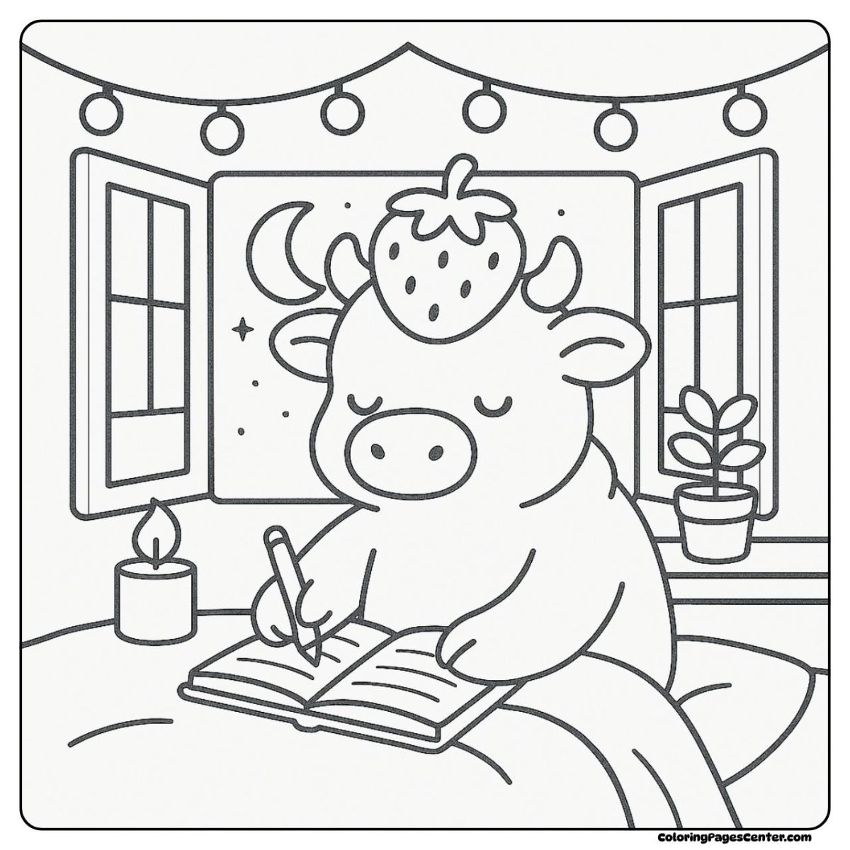 Strawberry cow coloring pages journaling at night by candlelight Strawberry cow coloring pages writing in a diary under moonlight