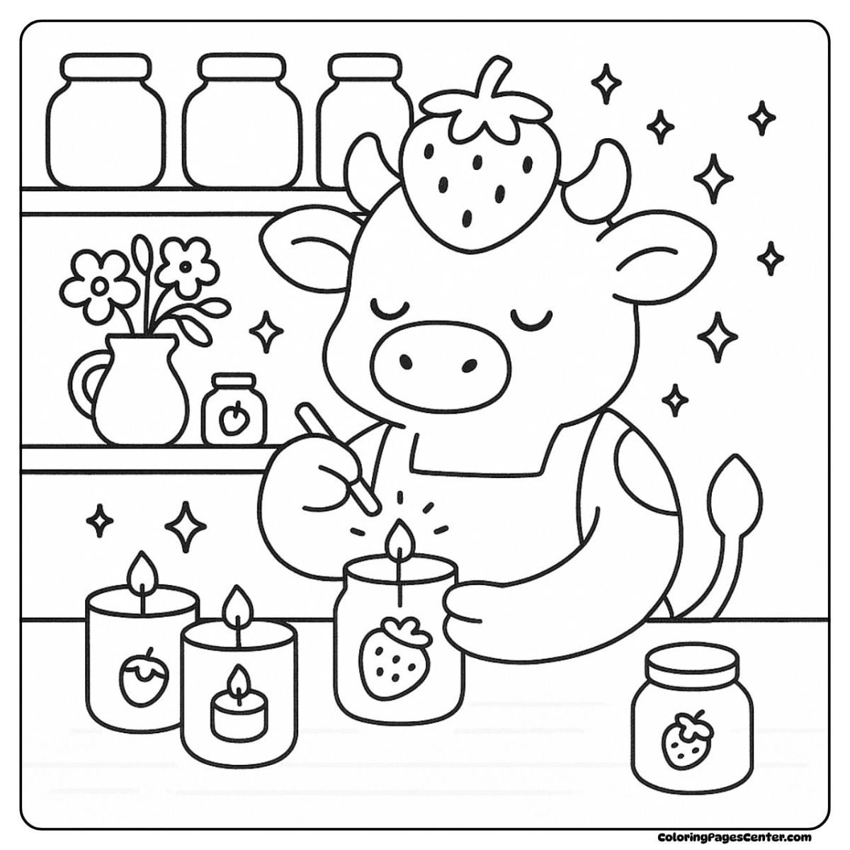 Strawberry cow coloring pages making candles in a cozy workshop Strawberry cow coloring pages with handmade candles and bright jars