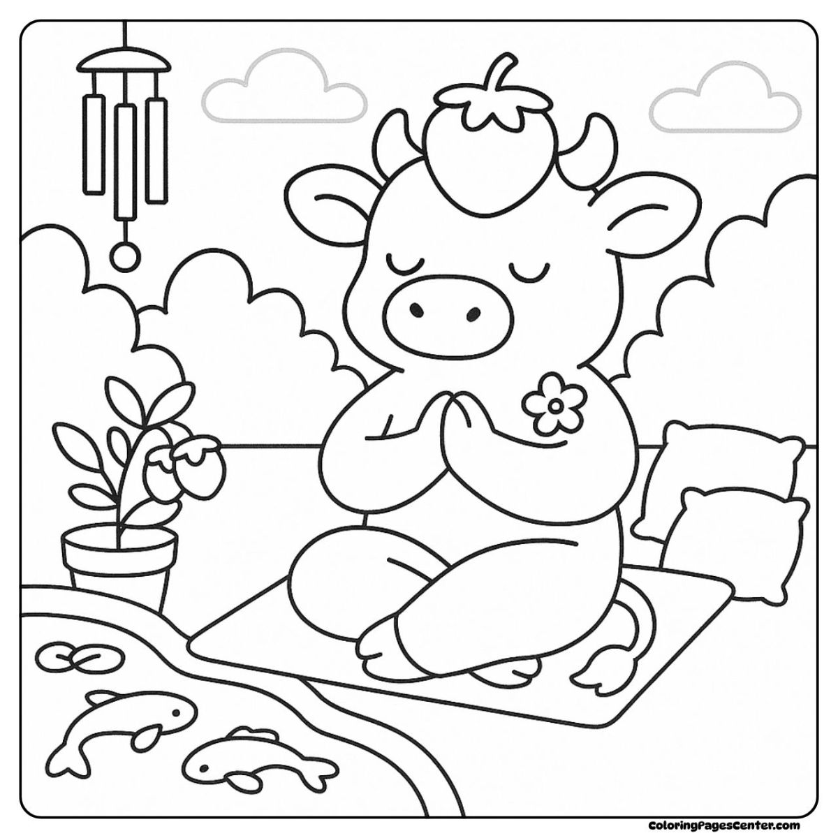 Strawberry cow coloring pages meditating by a quiet fish pond Strawberry cow coloring pages enjoying a calm moment in the garden