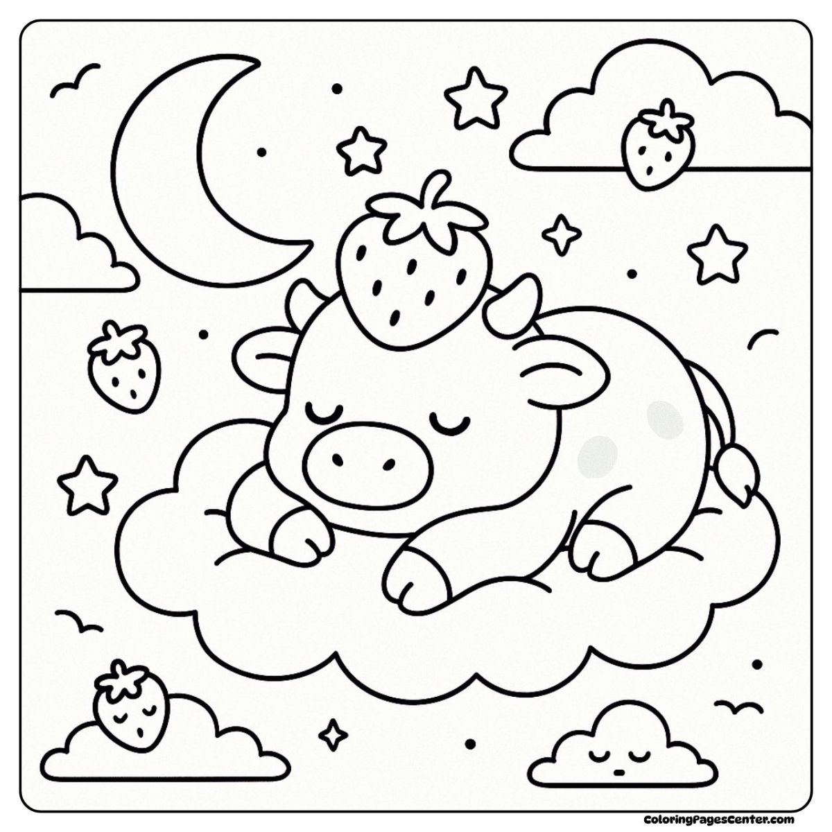 Strawberry cow coloring pages sleeping on a cloud under the moon
