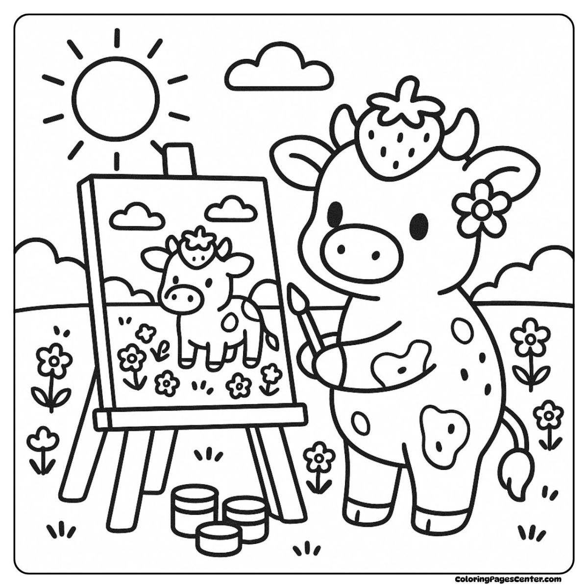 Strawberry cow coloring pages painting a picture in a field of flowers Strawberry cow coloring pages drawing on an easel under the sun
