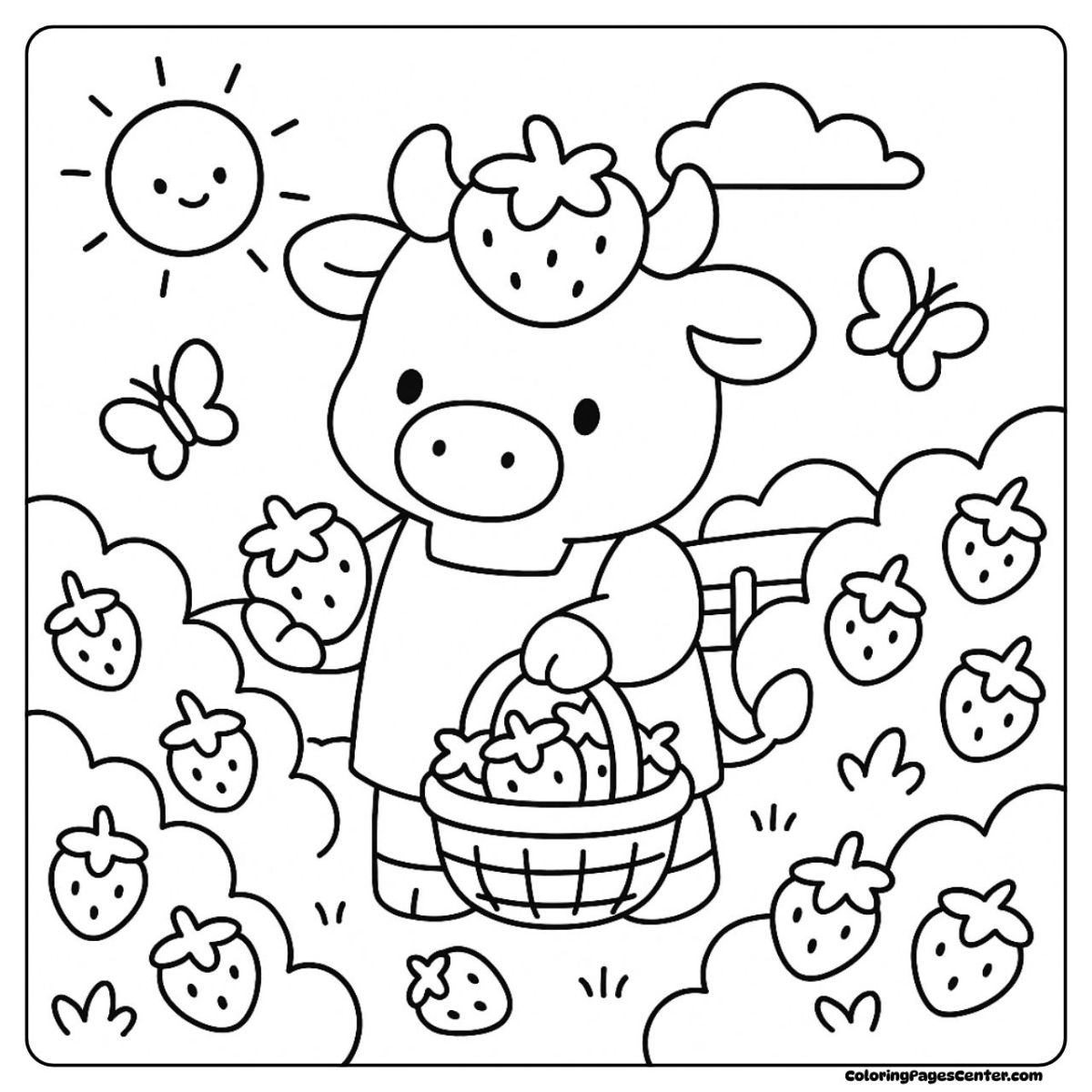 Strawberry cow coloring pages picking berries under the sunny sky Strawberry cow coloring pages gathering strawberries in a bright field