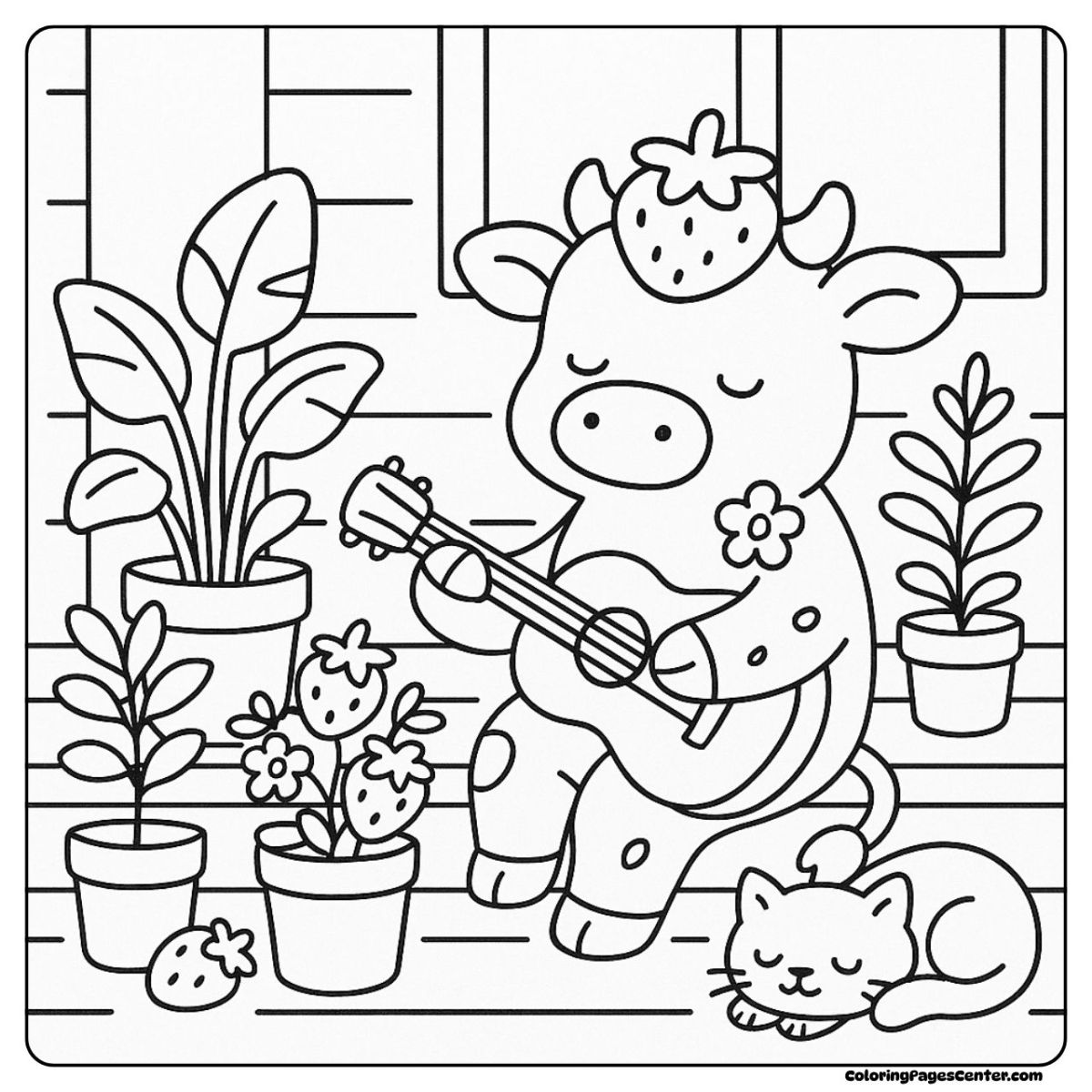 Strawberry cow coloring pages playing guitar on a peaceful porch Strawberry cow coloring pages relaxing with music and plants outside