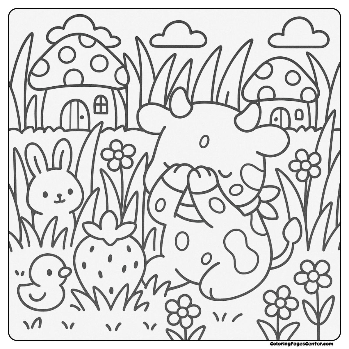 Strawberry cow coloring pages playing hide and seek in tall grass Strawberry cow coloring pages hiding near mushrooms and flowers