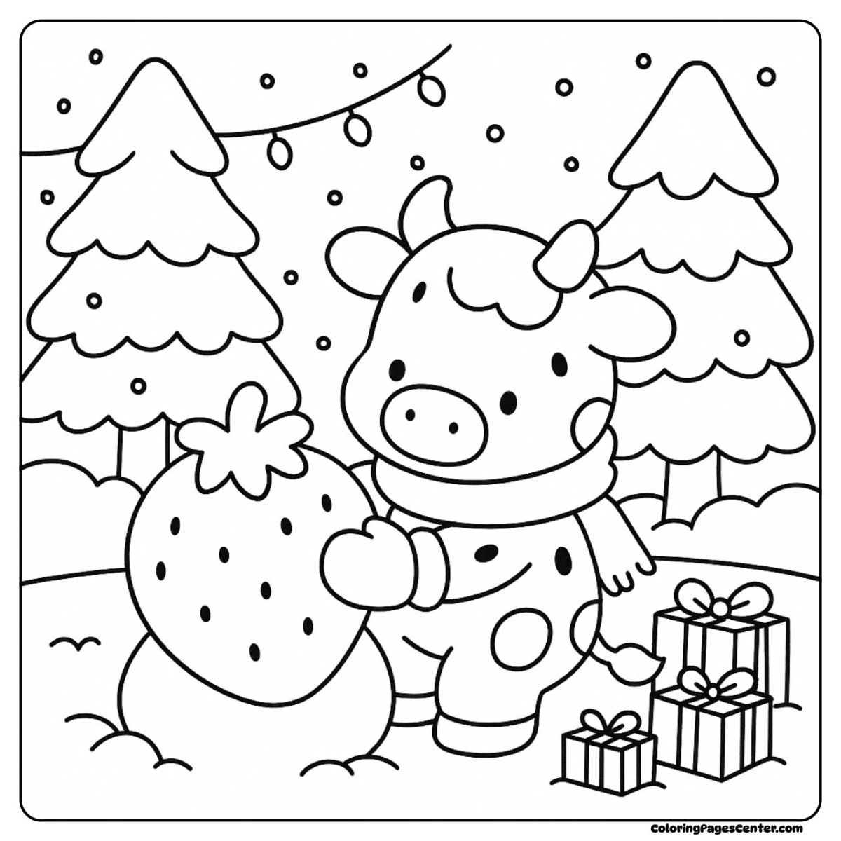 Strawberry cow coloring pages playing in the snow with winter gifts Strawberry cow coloring pages winter fun with snow and presents