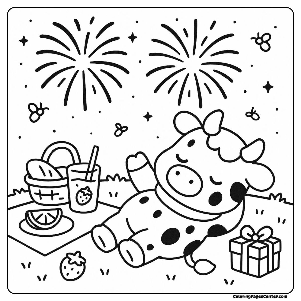 Strawberry cow coloring pages relaxing at a picnic under fireworks Strawberry cow coloring pages enjoying a night picnic and fireworks