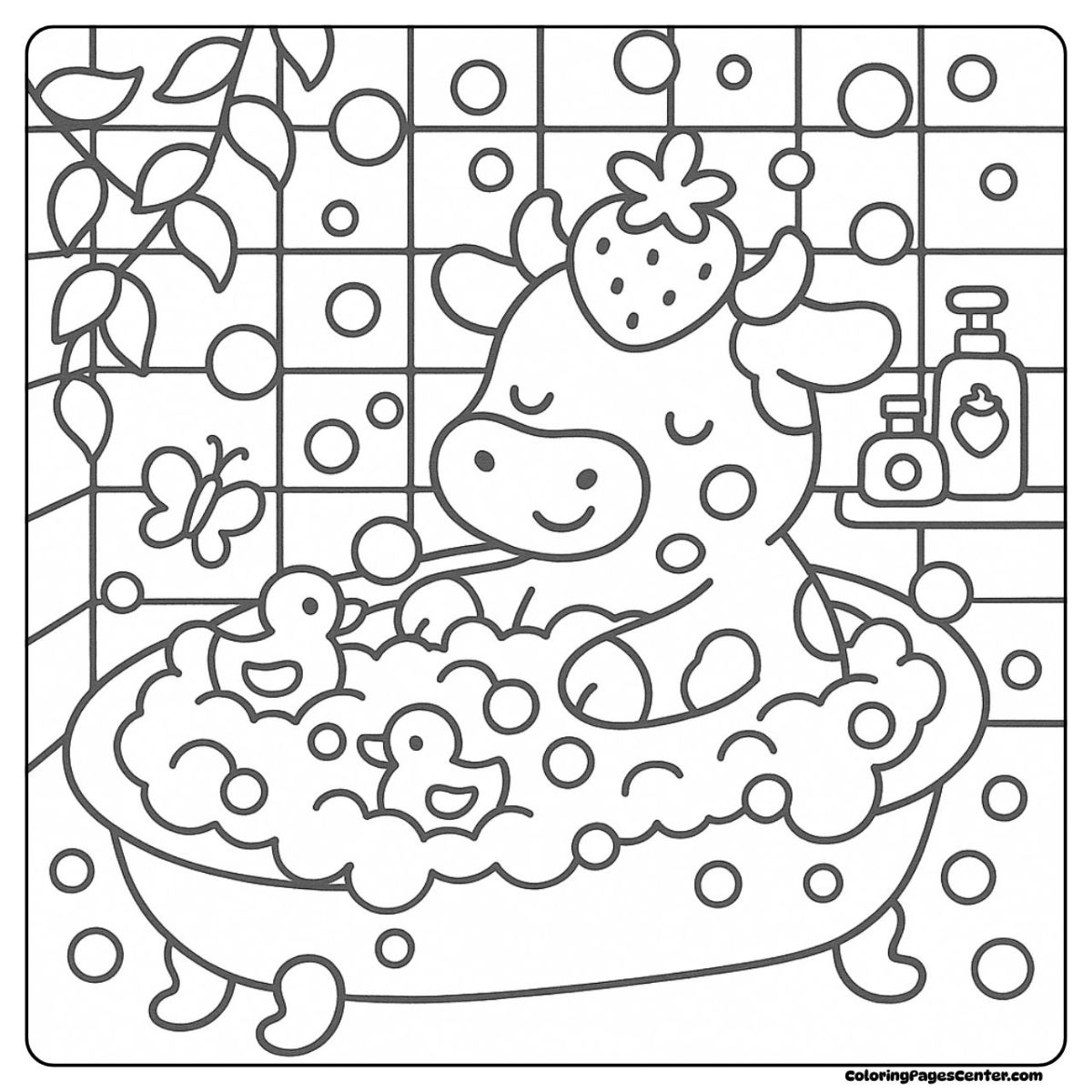 Strawberry cow coloring pages relaxing in a bathtub full of bubbles Strawberry cow coloring pages enjoying a peaceful bubble bath