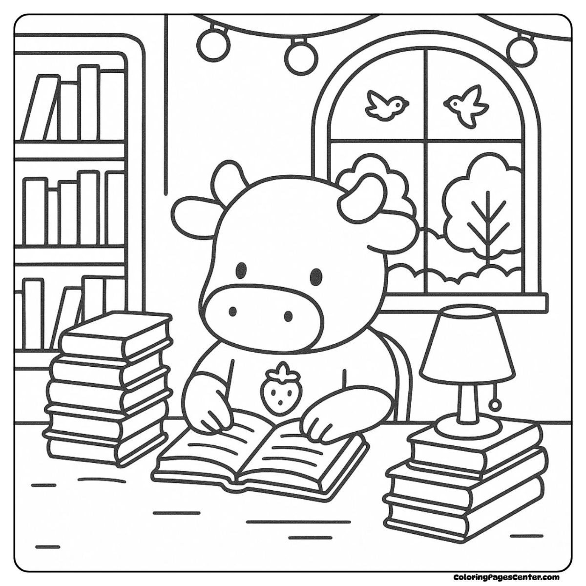 Strawberry cow coloring pages relaxing with books by the window Strawberry cow coloring pages reading at a cozy desk with lamp