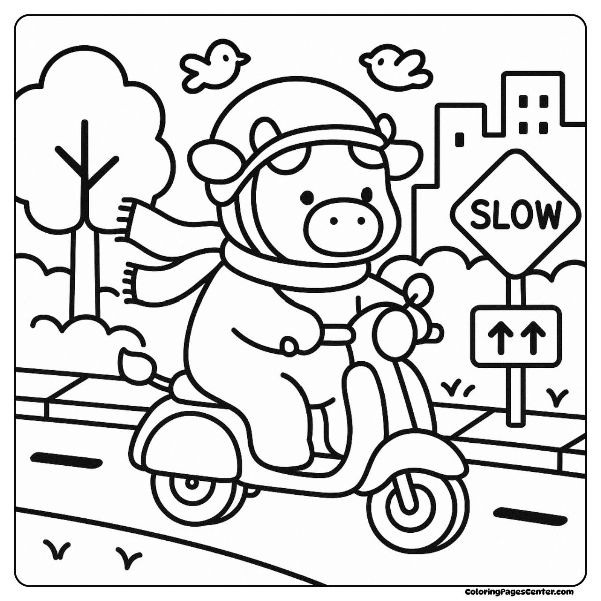 Strawberry cow coloring pages riding a scooter on a bright city morning Strawberry cow coloring pages traveling on a scooter through city streets