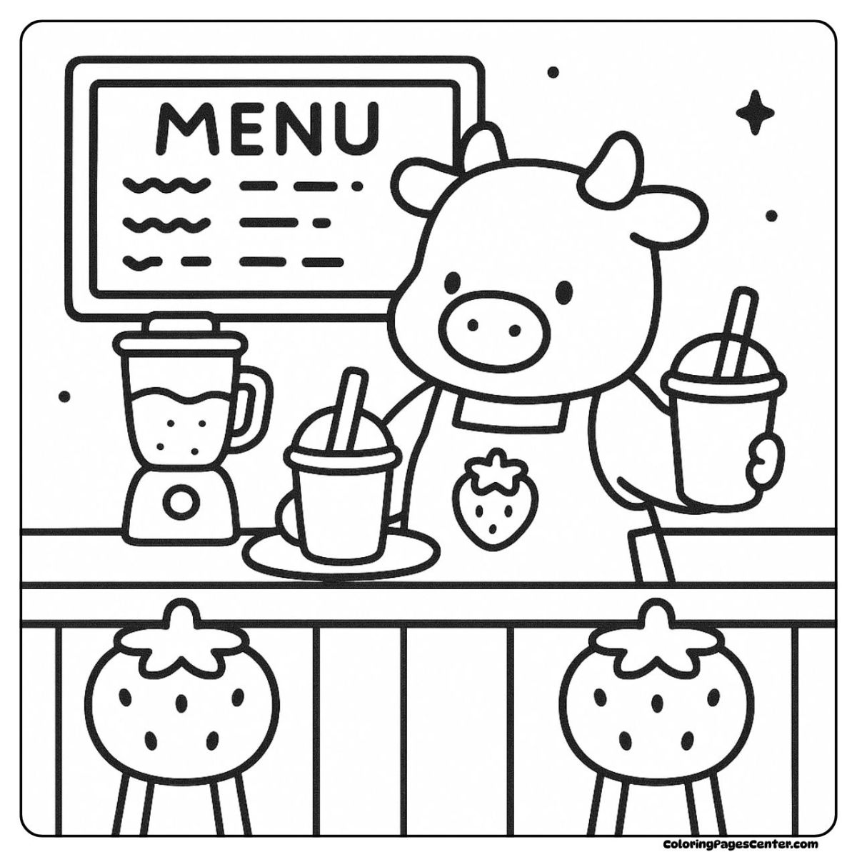Strawberry cow coloring pages serving smoothies at a friendly café Strawberry cow coloring pages working behind a colorful smoothie counter