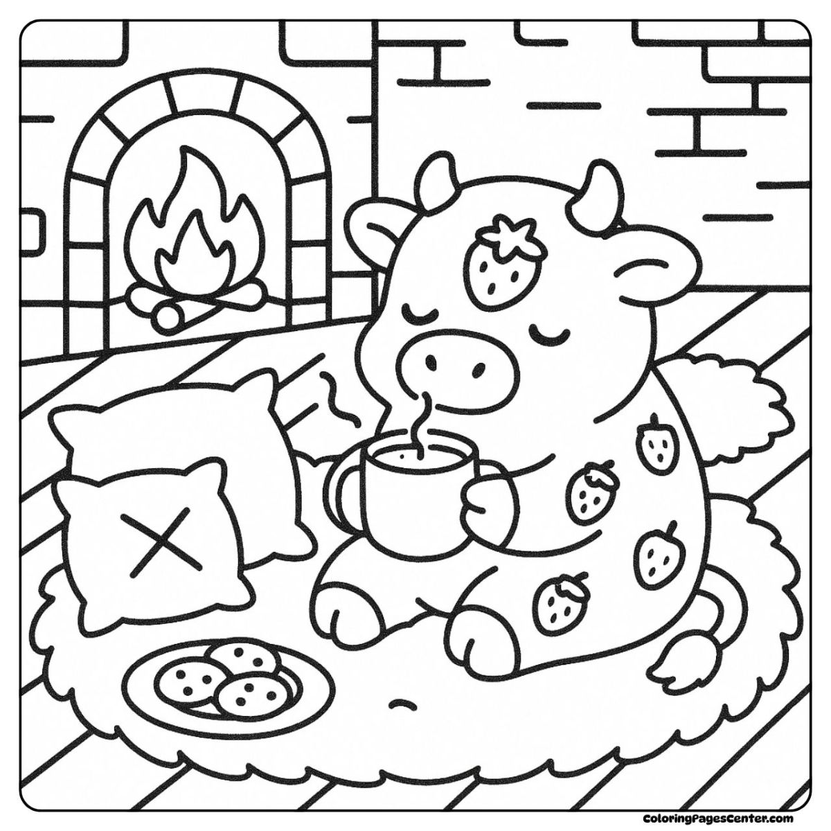Strawberry cow coloring pages sipping cocoa by a warm fireplace Strawberry cow coloring pages relaxing with cocoa and cookies indoors
