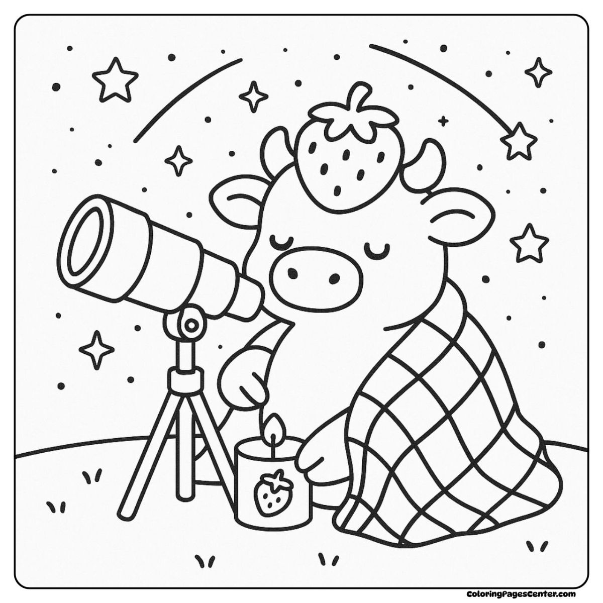 Strawberry cow coloring pages stargazing with a telescope at night Strawberry cow coloring pages wrapped in a blanket watching the stars