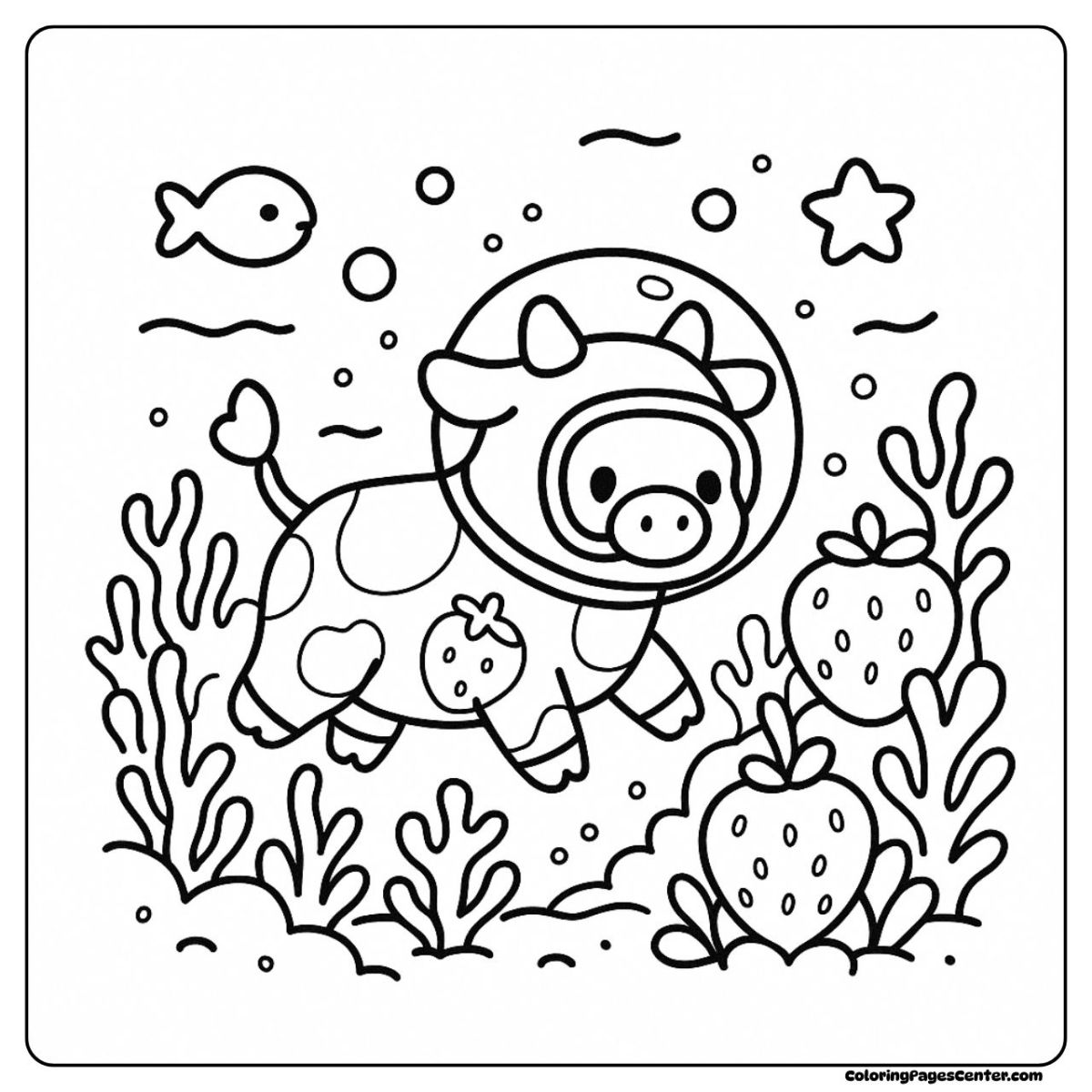 Strawberry cow coloring pages swimming under the sea with berries Strawberry cow coloring pages diving underwater among strawberries