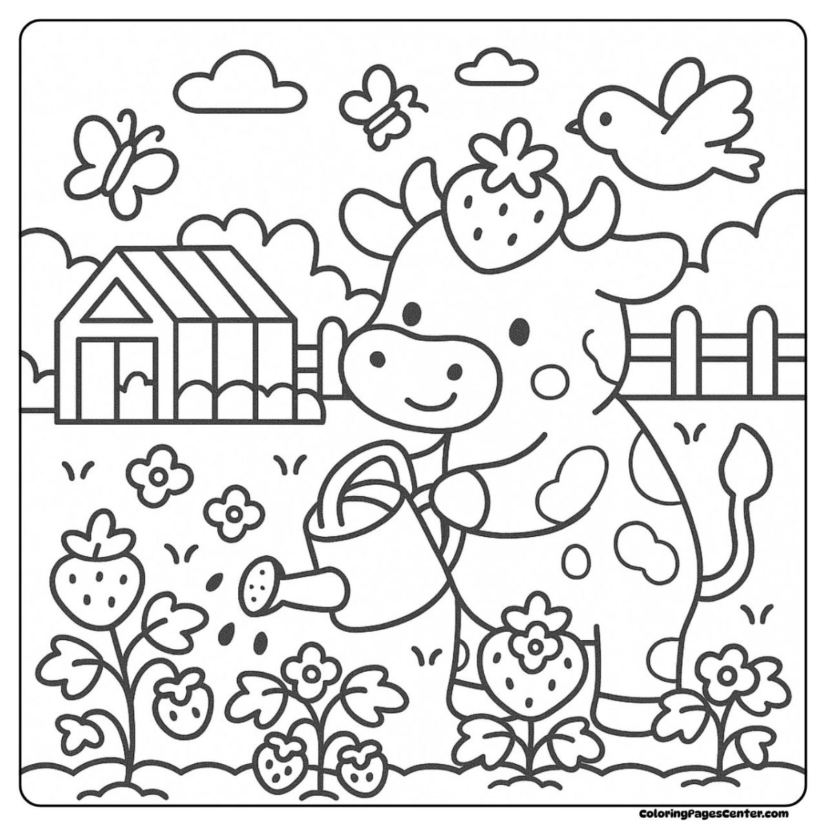Strawberry cow coloring pages watering strawberries on a sunny farm Strawberry cow coloring pages taking care of a strawberry garden