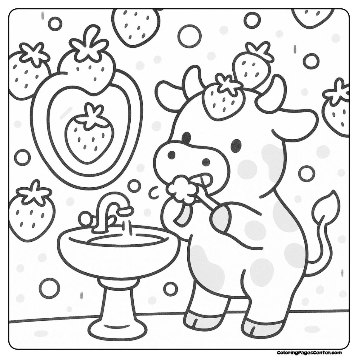 Strawberry cow coloring pages with playful morning bubble fun Strawberry cow coloring pages brushing teeth in a bubbly morning scene
