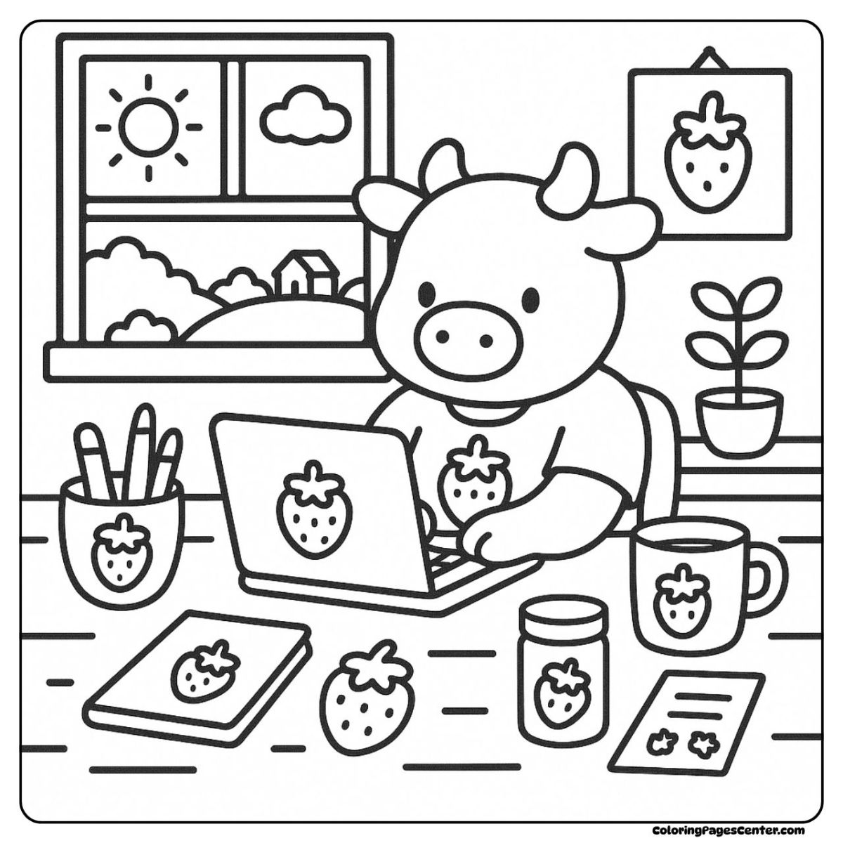 Strawberry cow coloring pages working at a bright strawberry-themed desk Strawberry cow coloring pages typing on a laptop by a sunny window