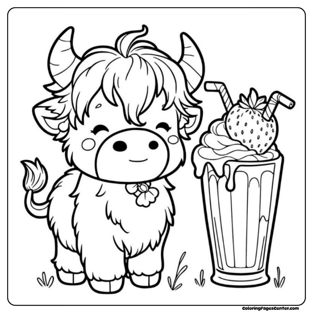 Strawberry Cow and Milkshake Delight Coloring Page Adorable strawberry cow smiles next to a big strawberry milkshake with whipped cream and a straw