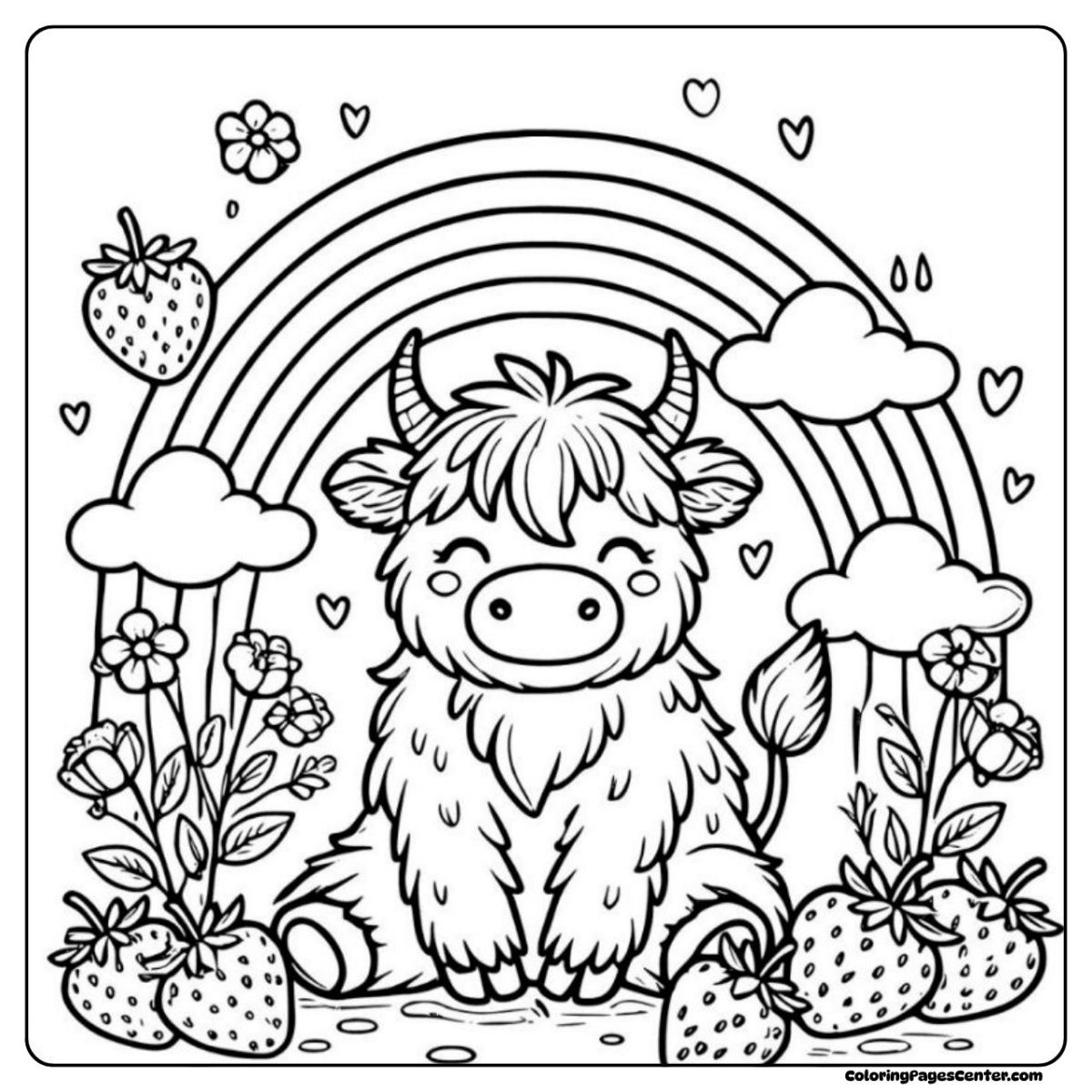 Smiling strawberry cow sits among flowers and strawberries, with a big rainbow in the background