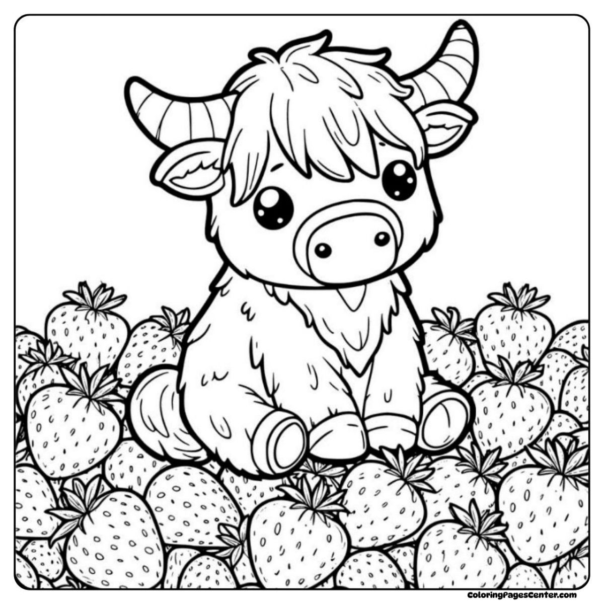 Cute strawberry cow coloring page surrounded by juicy strawberries
