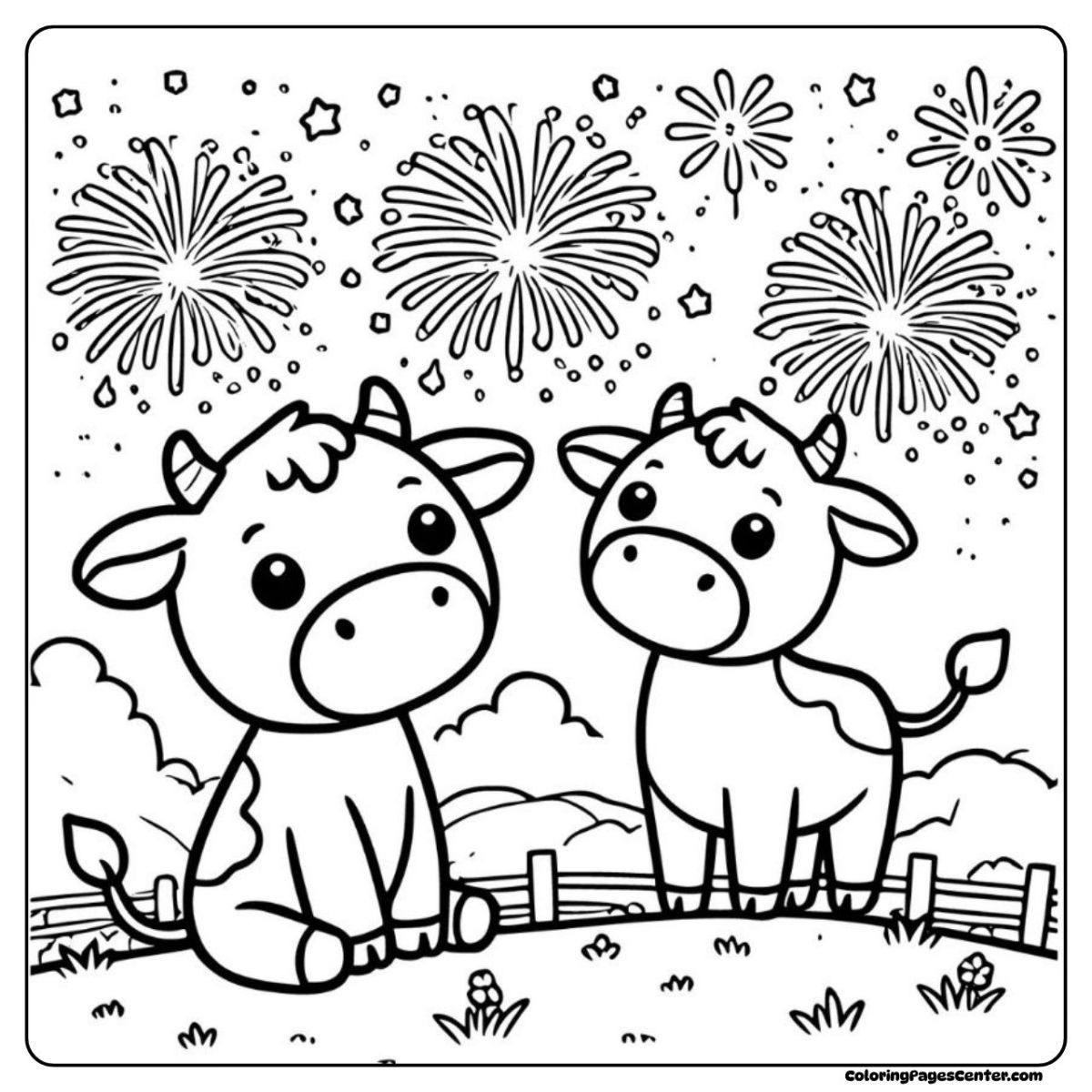 Adorable cow duo under the bright, dancing fireworks