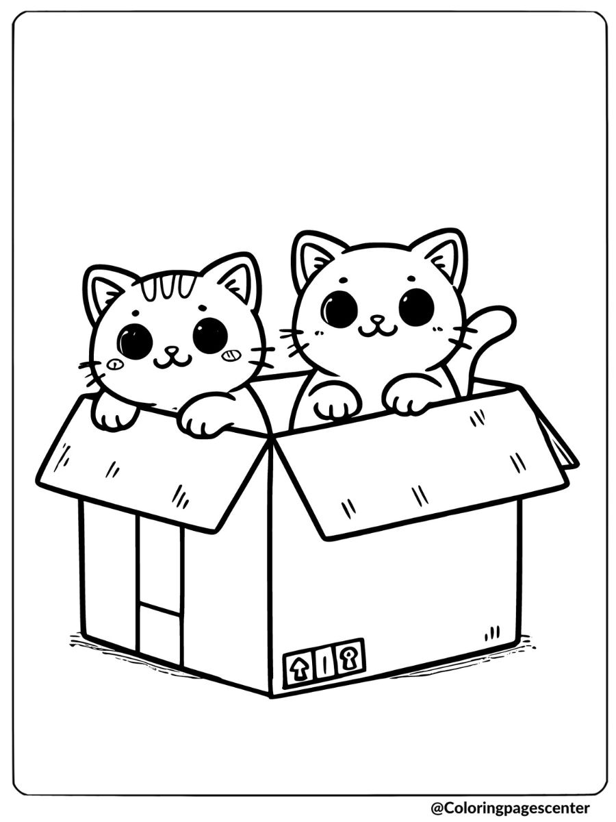 Cats sitting in a cardboard box coloring page