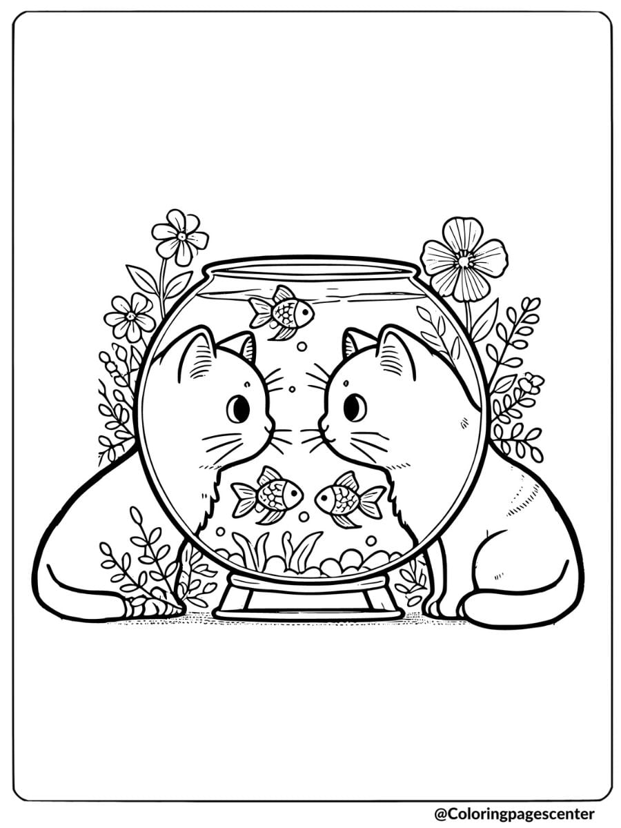 Cats gazing at fish bowl coloring page