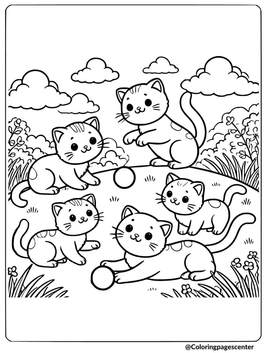 Cats playing with balls on grass coloring page