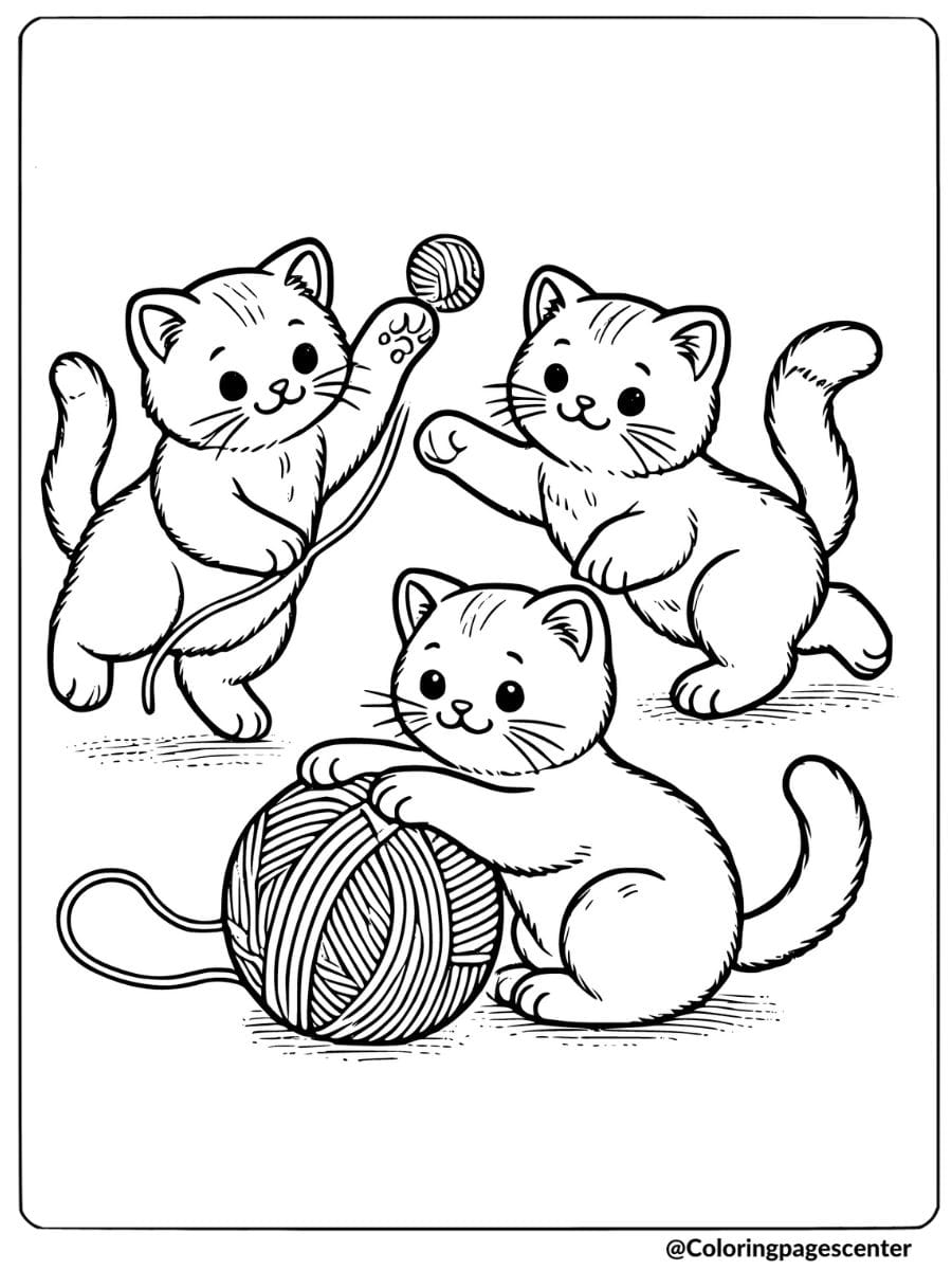 Cats playing with a ball of yarn coloring page